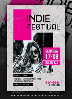 an event flyer with a woman in sunglasses on the front and pink squares around it