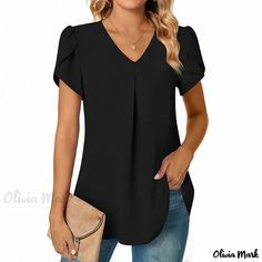 Olivia Mark - Solid Color Chiffon Short Sleeve Shirt Blouse Knit Snowflake, Chiffon Tops Blouses, Chiffon Shorts, Embellished Blouse, Long Sleeve Bodycon, Chiffon Blouse, Casual Blouse, Embroidered Blouse, Cinched Waist