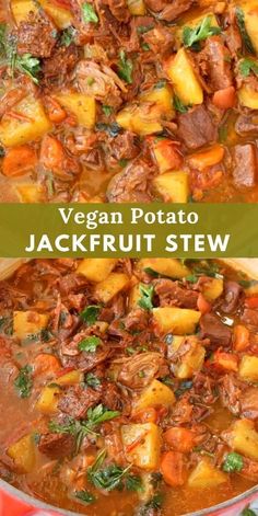 Warm up your evenings with this comforting vegan jackfruit stew and potato pot roast. Packed with rich flavors and wholesome ingredients, this recipe transforms tender jackfruit into a hearty dish that mimics the texture of pulled meat. Perfect for cozy dinners, this stew combines savory spices, root vegetables, and succulent jackfruit for a satisfying meal that even non-vegans will love. Ideal for meal prep or a family dinner, this plant-based delight is sure to become a staple in your recipe collection. Embrace the warmth and depth of this delicious stew and enjoy a nourishing feast. Jackfruit Stew, Garlic Bruschetta, Gravy Vegan, Healthy Spices, Resep Vegan, Jackfruit Recipes, Potato Stew, Vegan Stew, Stewed Potatoes