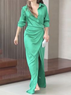 Sku CY-!132818 Material Dacron Style Long Sleeves Feature Split-side , Solid Color Neckline Lapel Collar Occasion Going out , Casual , Vacation Seasons Spring , Summer , Autumn Type Maxi Dresses , Shirt Dress Color GREEN Size S,M,L,XL Please consult the size chart we provide for this item's measurements to help you decide which size to buy.Please note: There may be 1-3cm differ due to manual measurement. CMINCH Bust Waist Shoulder Sleeve Length S 88 70 39 59 142 M 92 74 40 60 143 L 96 78 41 61 1 Green V-neck Solid Dress, Green Solid Color V-neck Dress, Long Green Solid Color Dress, Green Half Sleeve Dress For Fall, Green Half Sleeve Fall Dresses, Green Short Sleeve Maxi Dress For Fall, Green Long Sleeve Maxi Dress For Formal Occasions, Formal Green Long Sleeve Maxi Dress, Fall Green Maxi Dress With Short Sleeves