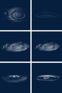 four different images of water ripples in the dark blue sky with white circles around them