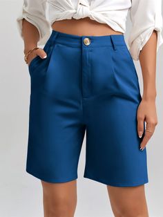 Azul eléctrico Casual Collar  Poliéster Liso Bermuda Embellished No-Elástico Primavera/Verano/Otoño Bottoms de Mujer Bermuda Shorts Women, Bride Lingerie, Lemon Chiffon, Summer Shorts Denim, Women Bottoms, Peplum Shirts, Dressy Casual, Trendy Fashion Women, Aesthetic Outfits