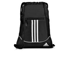 a black backpack with white stripes on the front and back side, sitting against a white background