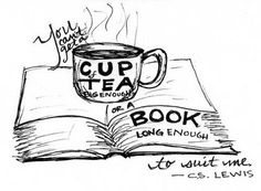 a cup of tea is sitting on top of an open book with words written in it