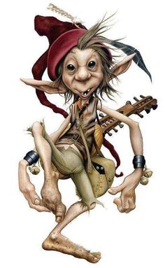 an illustration of a troll with a guitar in his hand and wearing a red hat