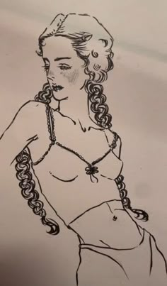 a drawing of a woman with braids on her head and chest, in black ink