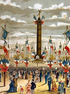 an illustration of a large group of people standing in front of a tall clock tower