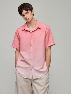 Pink Casual Collar Short Sleeve Polyester Plain Shirt Embellished Non-Stretch  Men Clothing Casual Pink T-shirt For Streetwear, Pink Semi-formal Collared Shirt, Casual Pink Collared T-shirt, Men Pink T Shirt, Pink Shirt Men, Pink Cotton Button-up Short Sleeve Shirt, Shoulder Shirts, Men Shirt Style