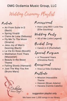 the wedding ceremony playlist is shown in pink