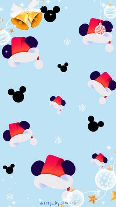 mickey and minnie mouse christmas hats with snowflakes in the background, all on top of each other