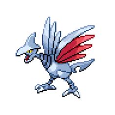 a pixel art style image of a white bird with red wings