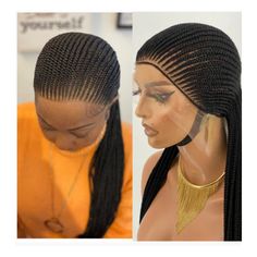 "WIG SPECIFICATION ✄28inches length ✄Full lace ✄On model: Color black  ✄Ket cornrow wig WHAT PEOPLE SAY EMARYWIGS are made with excellence to project beauty. We are committed to producing durable, longlasting, beautiful braided wigs . Be rest assured, what you see is what you get💯 OVERVIEW ✄✄ Allow between 5 and 7  business days for your item to be made and put in the mail! Ready to ship Wigs are shipped out within 2/3 working days. ✄ See all images within this listing for options! ✄ These wigs make lovely gifts for mom, sister, grandmother, nieces, secretary, neighbor or the babysitter. Don't forget to treat yourself! ✄ contact me with any questions!  PERSONALIZATION ✄ It is very important that you view all the images in this listing + use the \"zoom\" link bottom right. PLEASE LEAVE THE Wig Braids, Cornrow Wig, Box Braid Wig, Braided Wigs, Braided Wig, Cornrow, Wig Making, Braids Wig, Wigs For Black Women