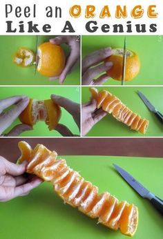 an orange being peeled and cut into pieces with the words peel an orange like a genius