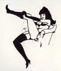 a black and white drawing of a woman in tights sitting on a chair with her legs crossed