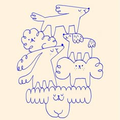 a drawing of several dogs and cats in blue ink on a white paper with an orange background