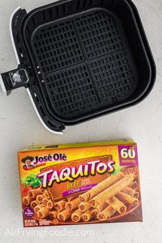 a box of taquitos next to a waffle maker