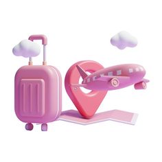 a pink suitcase with a heart and an airplane