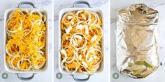 three images showing how to make an enchilada casserole in one pan