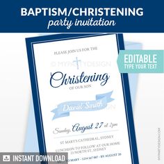 Baptism / Christening Invitation. Printable PDF File - Edit Text with Adobe Reader Christening Tarpaulin Layout, Christening Invitation Background, Baptism Invitations For Boys, Baptismal Invitation For Boys Printable, Baptism Invitation For Boys, Navy Cross