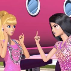 two barbie dolls standing next to each other in front of a pink plane