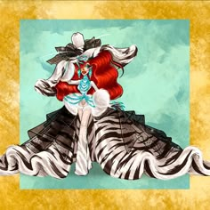 a drawing of a woman with long red hair wearing a zebra print dress and hat