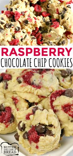 raspberry chocolate chip cookies on a white plate with text overlay that reads, raspberry chocolate chip cookies