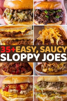 the cover of 35 easy, saucy sloppy joes with pictures of different hamburgers