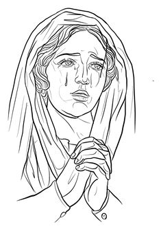 a black and white drawing of a woman with her hands folded in front of her face