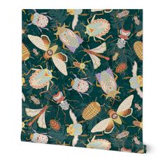 a green and yellow insect pattern on a canvas wall art print with many different types of bugs