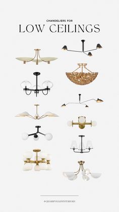 chandeliers for low ceilings are shown in various styles and colors, including brass