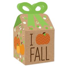 a cardboard box with a green bow and i fall design on the top that says, i love fall