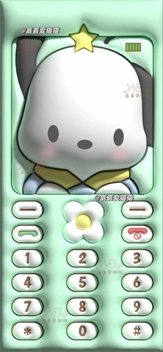 a cell phone with a cartoon character on the front and side panel, sitting in front of a green background