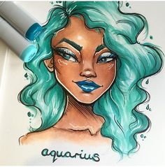 a drawing of aquarius with the word aquarius written in green and blue ink