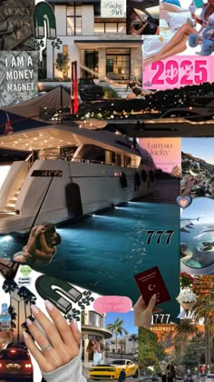 the collage shows many different types of boats and people in various locations around them