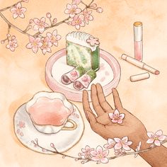 a painting of a hand holding a piece of cake next to a plate with a slice of cake on it