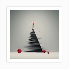 an abstract christmas tree with red balls on the bottom and grey sky in the background