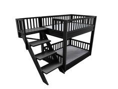 a grey wooden bunk bed with stairs