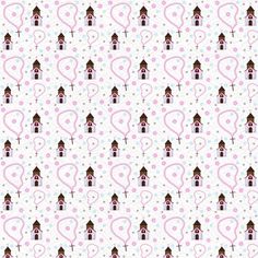 a pink and white wallpaper with houses, hearts and arrows on it's side