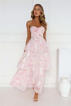 Spring Flower Strapless Maxi Dress Pink Petal And Pup Dresses, Wedding Guest Dress Ruffle, Pink Floral Formal Dress, Long Brunch Dress, Soft Pink Bridesmaid Dresses, Long Pink Dresses, Pink Baby Shower Dress, Wedding Guest Dress Spring, Tea Party Dresses