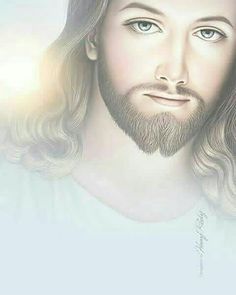 a drawing of jesus with long hair and blue eyes