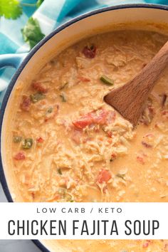 low carb / keto chicken fajita soup in a pot with a wooden spoon