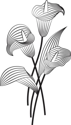 black and white drawing of three flowers with long stems in the center, on a white background