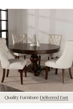 a dining room table with white chairs and a vase on the top of it that says quality furniture delivered fast