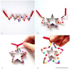 four pictures of different shapes and sizes of string stars with colored beads attached to them