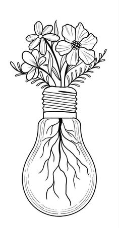 a black and white drawing of flowers in a lightbulb with roots on it