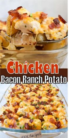 chicken bacon ranch potato casserole in a glass dish with the title above it