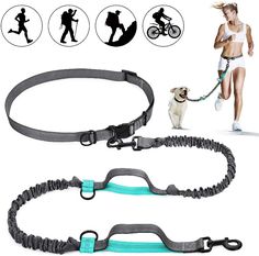 an image of a woman jogging with her dog and leashes attached to the leash