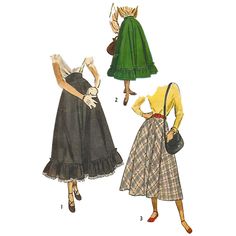 "40s Skirt Pattern The softly flared skirt is cut in four sections. In Style 1 and 2, an applied ruffle trims the lower edge. Style 1 is the ballerina length. Embroidered ruffling outlines the ruffle and a shaped waistband finishes the skirt. Styles 2 and 3 feature plain waistbands. Offered here as: Paper Pattern and the Original pattern.  Skill Level: Intermediate Size Guide: Waist Sizes: 24\" (61cm) Hip: 31\" (78.7cm) Finished Length of Style 1: 30\" (76.2cm) Style 2 or 3: 27 ½\" (69.8cm) Widt Vintage Ruffled Petticoat For Costume, Vintage Full Skirt Petticoat For Costume, Fitted Vintage Ruffled Skirt Bottoms, Vintage Long Ruffled Petticoat, Vintage Fitted Ruffled Skirt Bottoms, Vintage Fitted Bottoms With Ruffled Skirt, Vintage Ruffled Skirt Petticoat, Vintage Petticoat With Ruffled Skirt For Costume, Vintage Gathered Skirt For Costume