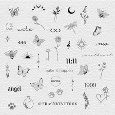 an assortment of tattoos with the words, numbers and symbols on them in black ink