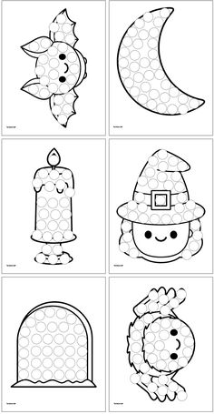 Six dot marker coloring pages for Halloween including a bat, a crescent moon, a candle, a witch face, a tombstone, and a cute spider Halloween Dot Painting Free Printables, Halloween Do A Dot Printables Free, Halloween Dot Art, Bingo Dauber Art, Cute Halloween Images, Dot Marker Printables, Halloween Craft Activities, Kids Printable Art, Sunday School Coloring Pages